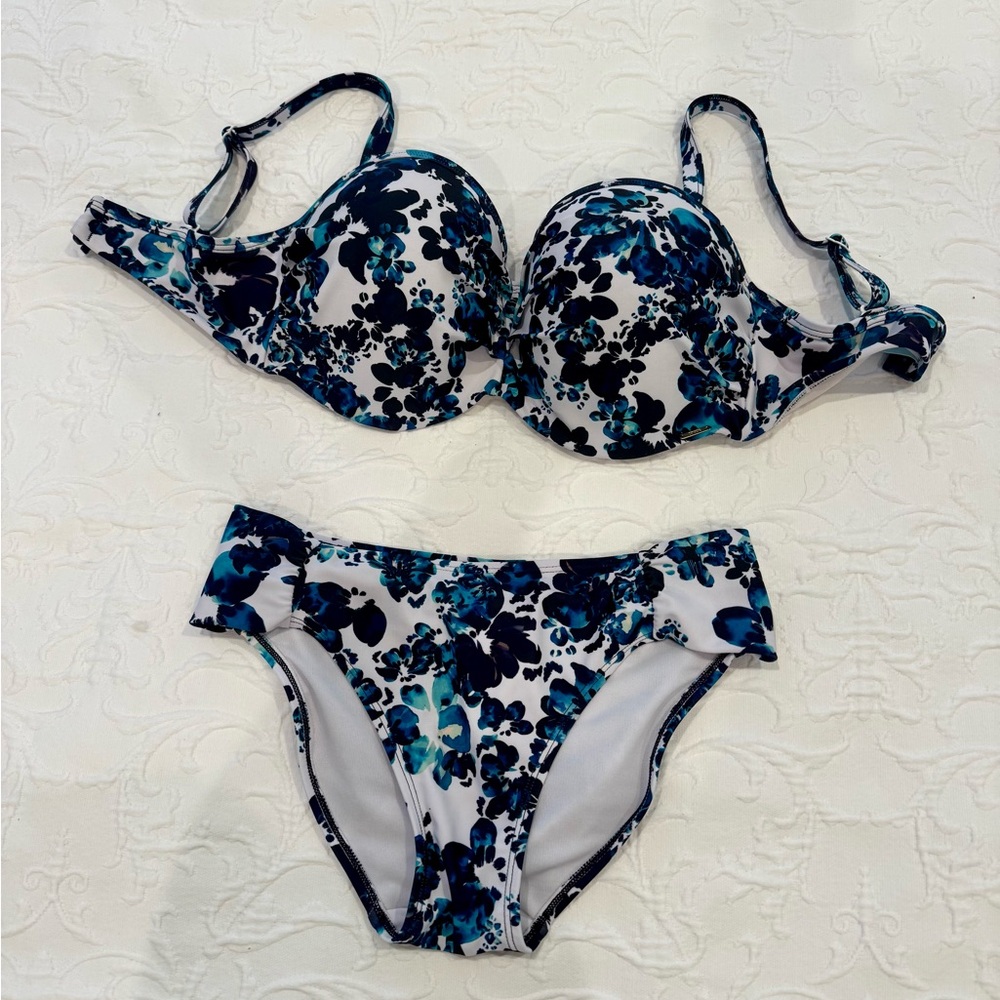 Panache Swim Underwire Bandeau Swimsuit, Removable Straps - Blue Floral, 34E